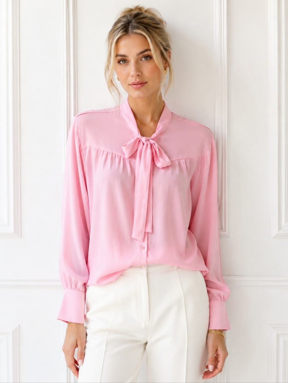 Valen | Pink Tie Neck Bow Button Front Blouse | Size Large